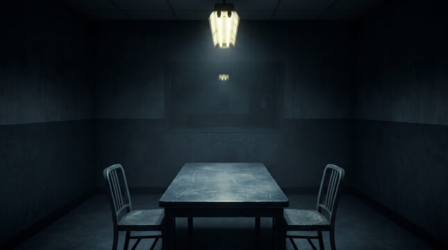 Dark interrogation room with metal table, illuminated by single hanging fixture, standing empty with two chairs, inside gloomy police cell, crime stock photo
