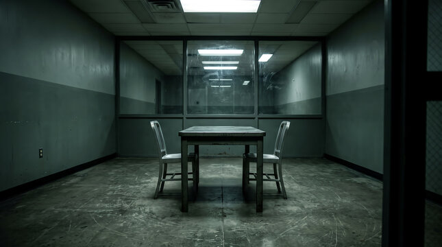 Police interrogation room with observation glass, illuminated by ceiling fluorescent panel, standing empty with two chairs, inside dark concrete basement, thriller stock photo