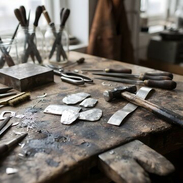 금속 가공용 망치와 각종 수공예 도구들이 어지럽게 놓여 있는 공방의 나무 작업 테이블
Wooden workbench in a workshop cluttered with metalworking hammers and various handicrafts tools