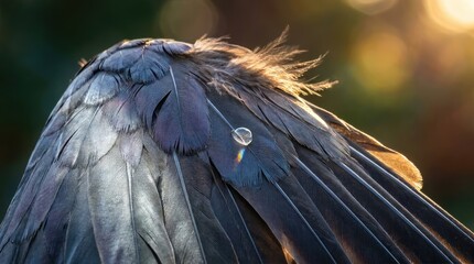Obraz premium Close up detail of iridescent bird wing feathers with a single glistening water droplet at sunset