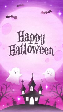 cute pastel halloween night background with ghosts, pink moon, haunted house and bats in the fog animation