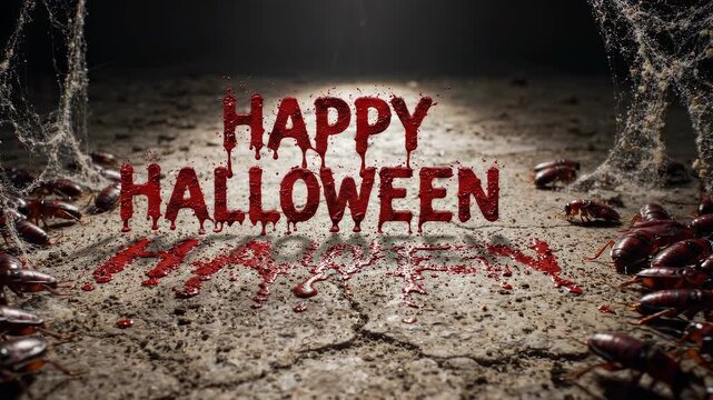 Spooky Halloween background with bloody text, creepy cobwebs, and crawling cockroaches on a cracked ground