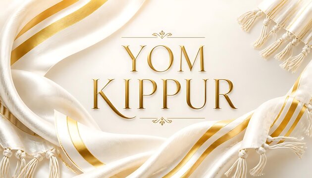 Yom kippur greeting card with white prayer shawl tallit and golden text jewish holiday gold text white fabric jewish culture holy day spiritual life tradition religious spiritual