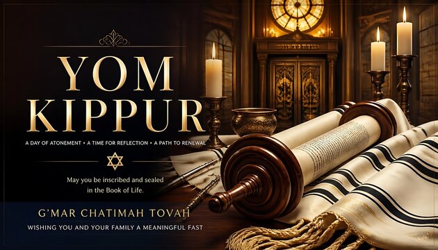 Yom kippur celebration concept with traditional torah scroll and tallit prayer shawl on a wooden table lit by candles jewish holiday day of atonement religious holiday holy scripture