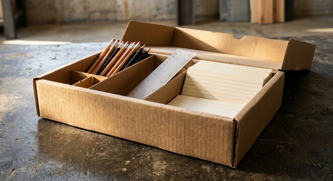Cardboard box with partitioned compartments holding pencils ruler and index cards