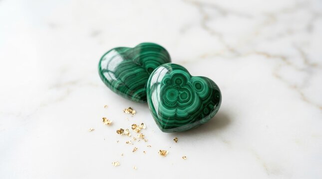 Polished malachite heart shaped gemstones resting gracefully upon a white marble surface with golden leaf flakes