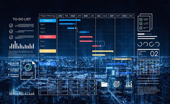 Modern Project Management Dashboard with Gantt Chart, Tasks, Progress Tracking, and Data Analytics Over City Skyline Background. Entropy.