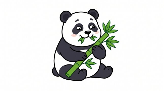 Adorable baby giant panda bear eating green bamboo stalks in a cute cartoon vector illustration style isolated on white
