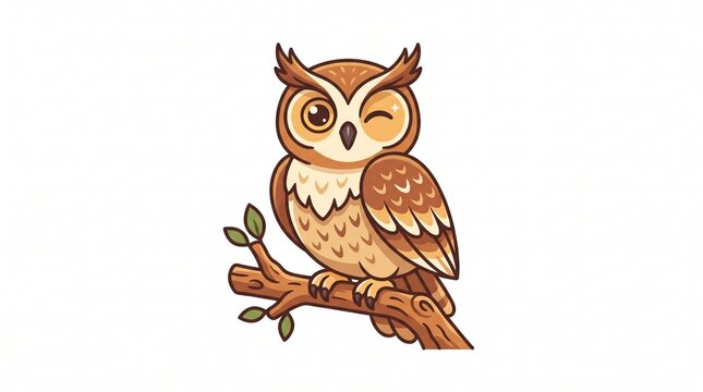 Cute vector illustration of a playful owl winking while perching on a wooden branch