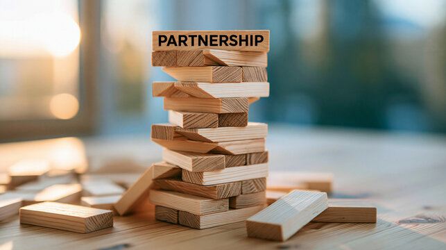 The Fragile Tower of Partnership: Wooden blocks form a precarious tower, with the top block boldly displaying the word PARTNERSHIP.