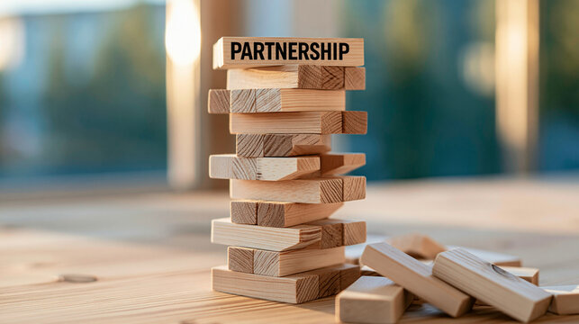 The Balancing Act of Partnership: A tower of wooden blocks, labeled PARTNERSHIP, stands precariously, symbolizing the delicate yet vital nature of collaboration in business and life.