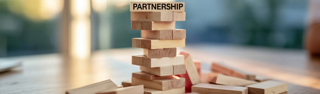 Building a Solid Partnership: Wooden blocks forming a precarious tower, with the word PARTNERSHIP proudly displayed on the top block, symbolizing the delicate yet crucial foundation of collaboration.