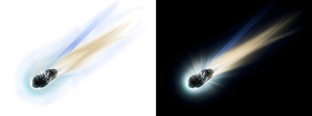 Comet with elongated rocky nucleus and dual streaming tail of gold and blue illuminated brightly PNG, Transparent and Black Background Versions for design © Tanay