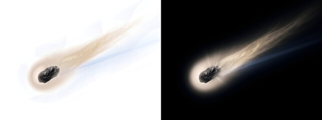 Comet with rocky irregular nucleus and long glowing dust tail streaking through space for astronomy design PNG, Transparent and Black Background Versions © Tanay