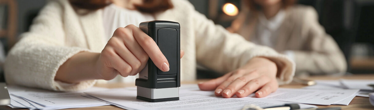 Official Document Stamping: A person's hand firmly presses a rubber stamp onto a document, signifying approval and official confirmation in a professional office setting.