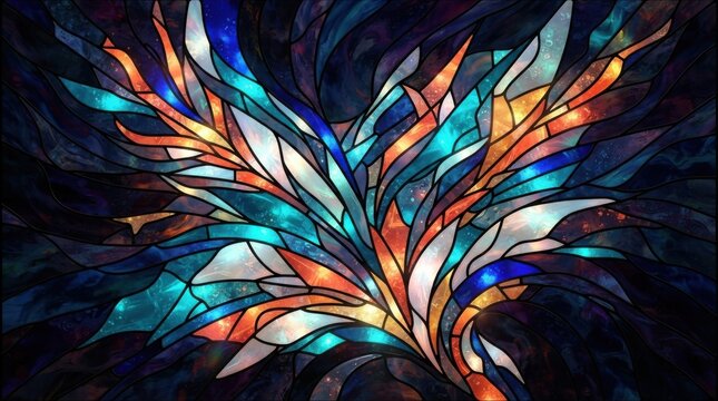 Colorful stained glass window art with abstract leaf shapes