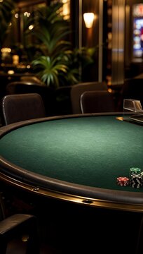 Casino Pool Table with Billiard Balls and Cue in Green Felt Interior, Luxury Gaming Room with Chips, Leisure and Competition Atmosphere