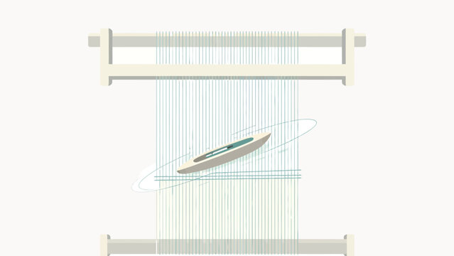 Minimalist illustration of a wooden loom with vertical threads and a boat shuttle weaving fabric, soft color
