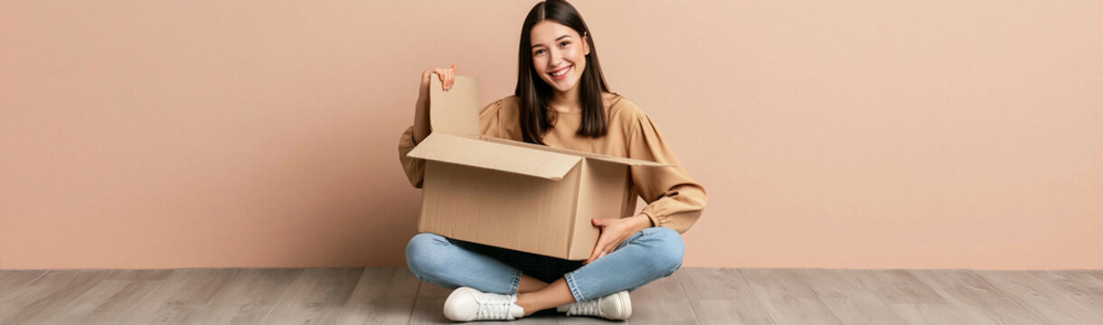 Unboxing Delight: A young woman with a beaming smile sits cross-legged on the floor, opening a cardboard box with anticipation and joy.