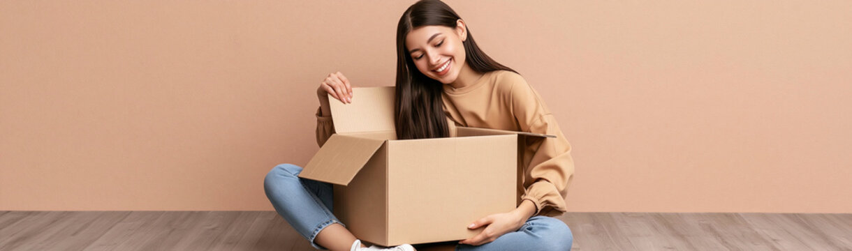 Unboxing Delight: A young woman, beaming with joy, unboxes a package, revealing its contents with eager anticipation. The scene captures a moment of pure happiness and excitement.