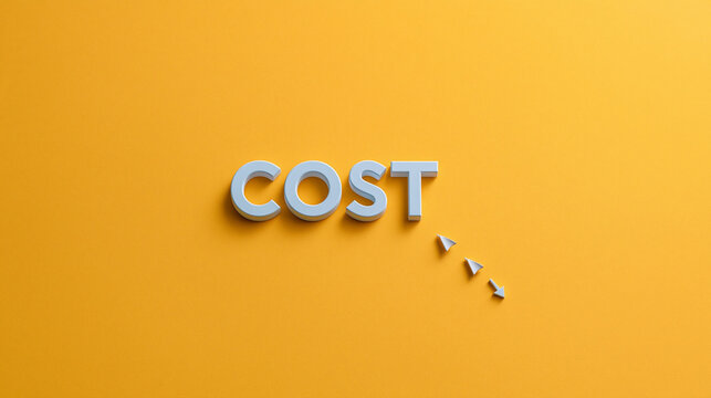 Cost Reduction Arrow: The word cost in white 3D letters against a vibrant yellow background, with three small white arrows pointing away from it, symbolizing reduction or saving.