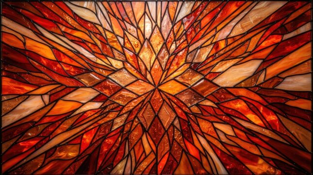 Abstract stained glass window with vibrant orange and red geometric patterns