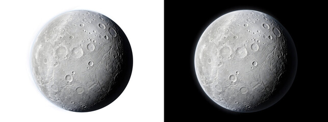 Detailed lunar surface with sharp fractures and countless craters rendered crisply for space themed design PNG, Transparent and Black Background Versions © Tanay