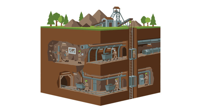 Industrial Underground Mining Operation Detailed Cross Sectional Diagram Showing Workers Machinery and Multi Level Tunnels