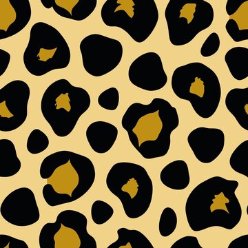 Seamless pattern featuring a classic black and golden yellow leopard rosettes print on a light tan background layout design for fashion, textiles, and surface wallpaper.