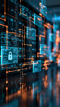 Digital Network Security: Glowing circuits and digital data streams visualize a secure network, highlighting the importance of data protection and cybersecurity in a modern technological landscape.
