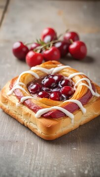 Freshly Baked Cherry Danish Pastry with Glaze Topping and Flaky Croissant Layers