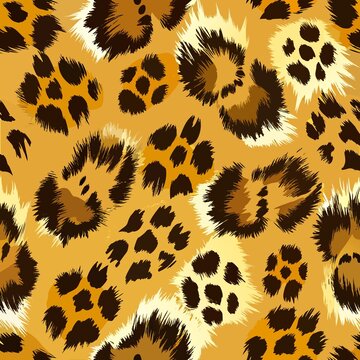 Seamless pattern featuring textured fur leopard spots with realistic furry edges in yellow, orange, and dark brown tones layout design for textiles and wild animal prints.