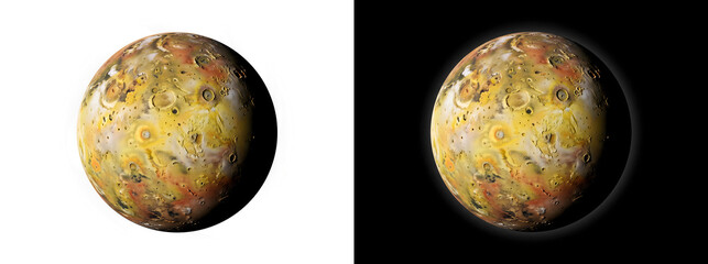 Io volcanic moon with sulfurous yellow surface and scattered craters rendered vividly for astronomy design PNG, Transparent and Black Background Versions © Tanay