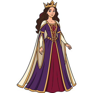 Majestic royal queen wearing elegant purple and maroon medieval gown with golden crown, fantasy character concept for storytelling and graphic design