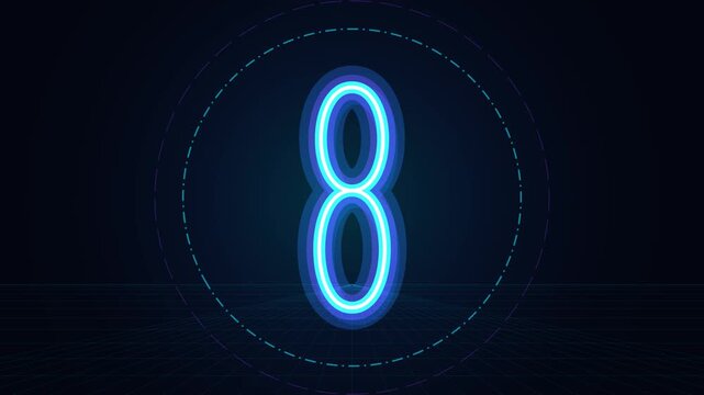 Futuristic neon countdown animation from 10 to 0 featuring glowing techno numbers, forward zoom transitions, digital rings, and a dark high-tech background.