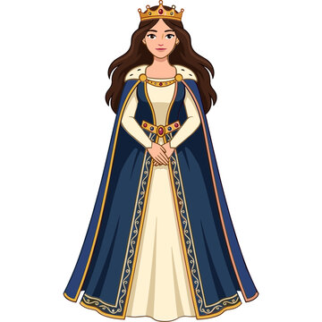Elegant Medieval Queen Character Illustration Featuring a Beautiful Princess in a Regal Blue Gown and Golden Crown for Fantasy Fairytale Projects