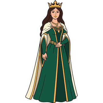 Medieval queen character design illustration wearing an elegant green gown and royal golden crown for fantasy fairytale concept