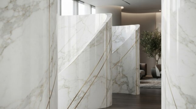Modern luxury interior with white marble curved room dividers and gold accents