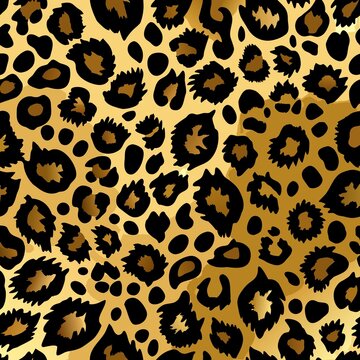 Seamless pattern with metallic gold and dark brown leopard spots on a warm gradient background layout design for luxury surface prints, textiles, and wallpaper.