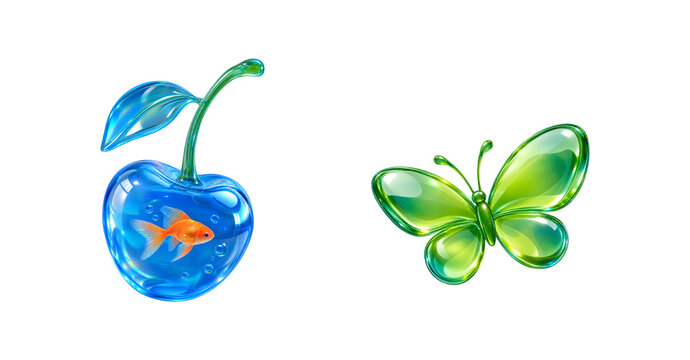 3D glass apple with goldfish and green glass butterfly, Frutiger Aero icons