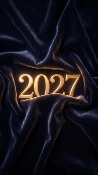 Year 2027 golden numbers glowing on a dark blue velvet fabric background with luxury design annual event glittering numbers