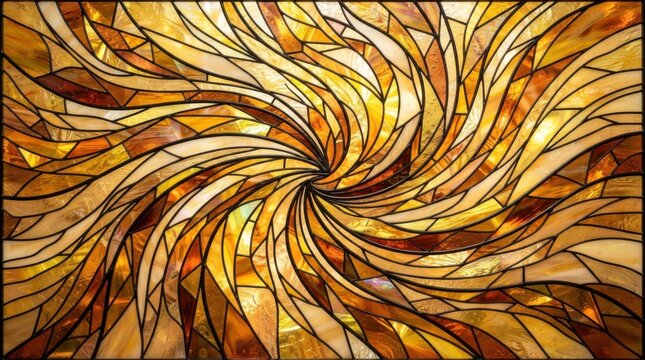 Abstract stained glass window with golden spiral pattern and light