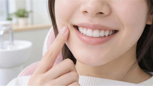 頬に指を添えて白い歯を見せる女性の笑顔