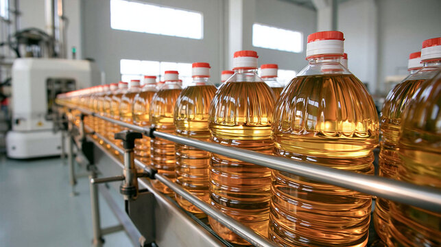 Bottled Vegetable Oil on Conveyor Belt: A large quantity of clear plastic bottles filled with golden vegetable oil moves along a stainless steel conveyor belt in a food processing plant.