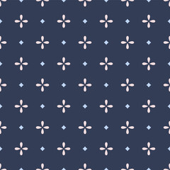 Fototapeta premium Seamless Geometric Floral Tile Pattern Navy Blue Background Vector with soft pink blossom grid and light blue diamond dots, vintage Mediterranean style tile motif template for winter wallpaper print.