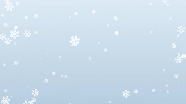 Clean cartoon-style snowfall animation with layered snowflakes drifting and falling at different speeds, creating soft winter depth. Seamless looping background suitable for Christmas, winter holidays