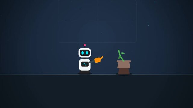 A flat motion design animation of a small friendly robot character watering a potted sprout that grows into a glowing yellow flower with digital magic particles.