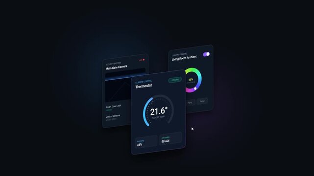 A modern digital interface animation showing smart home control panels for thermostat lighting and security camera monitoring with a sleek dark theme user experience design.