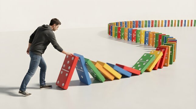 Man pushing a line of colorful dominoes starting a chain reaction on a white floor with reaction