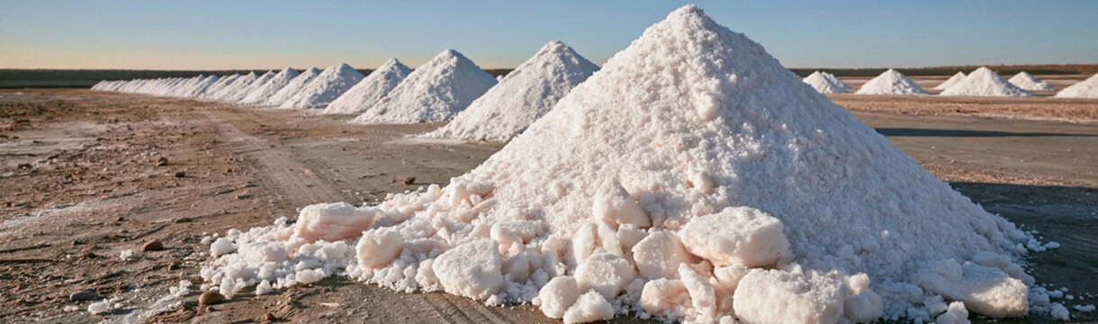 Salt Mountain Formation: Piles of white salt crystals are meticulously arranged in a vast, arid landscape under a clear sky, showcasing an industrial harvest.
